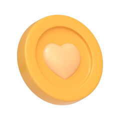 Gold coin with heart isolated on white background. 3D icon, sign and symbol. Cartoon minimal style. 3D Render Illustration