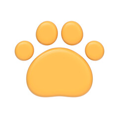 Yellow cat or dog paw icon isolated on white background. 3D icon, sign and symbol. Cartoon minimal style. Front view. 3D Render Illustration