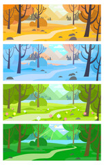4 seasons: winter, spring, summer, autumn. Vector illustrations of nature, natural landscape, forest, plants, lawn, mountains, trees,  river, fields for background or banner