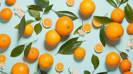 Oranges patterns on blue background. Flat minimal fruits pattern