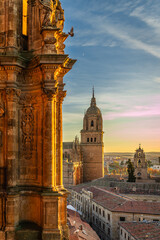View of the Salamanca cathedral from the Clerecia towers on a beautiful sunset.