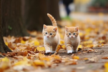 Two cute fluffy pussy cats walk together in a sunny autumn garden - obrazy, fototapety, plakaty