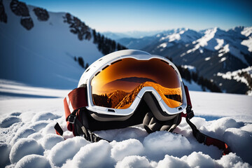 Vorbereitet auf die Piste - Detailaufnahme eines Skihelms und Skibrille im Schnee
