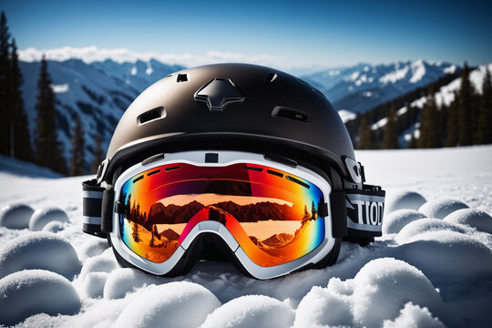 Vorbereitet auf die Piste - Detailaufnahme eines Skihelms und Skibrille im Schnee