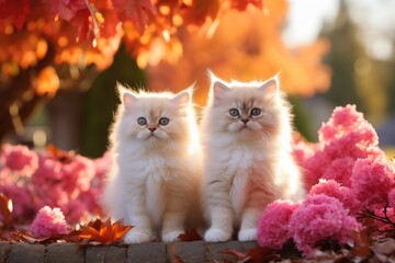 Two cute fluffy pussy cats sit together in a sunny autumn garden - obrazy, fototapety, plakaty