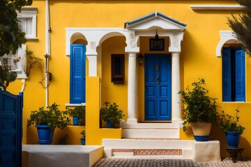 Classic Greek home with yellow walls and blue doors
