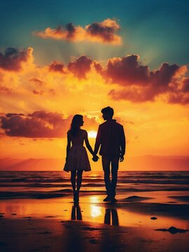 Silhouettes of young romantic couple digital ai