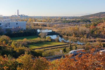 Autumn landscape in the vicinity of Monfalcone, Italy, with the motorway in the foreground and the...