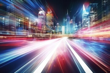 Neon Velocity: Speed Light Trails Creating Paths Amidst Smart City Skyscrapers and Futuristic Technology