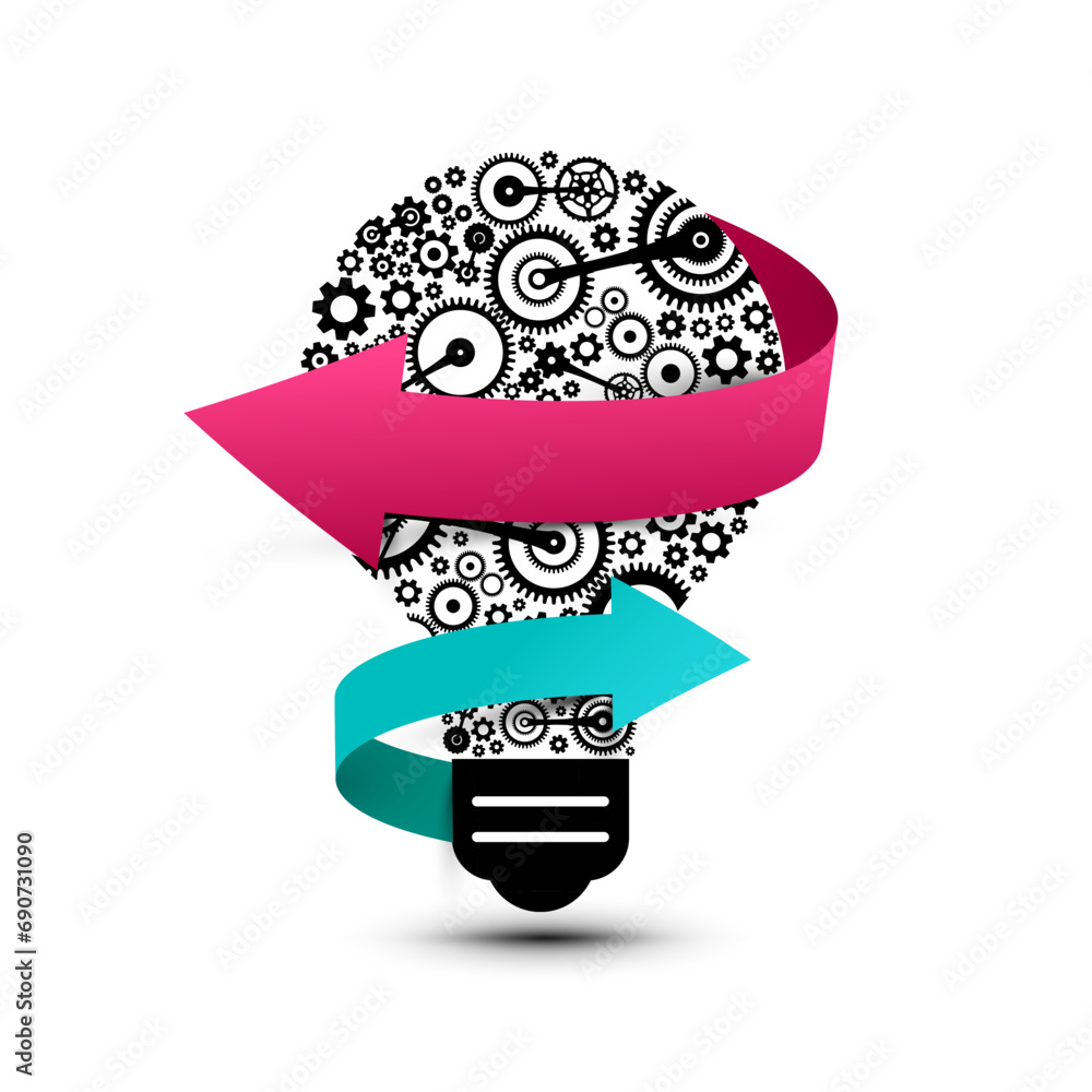 Poster idea concept - cogs inside bulb with arrows, vector