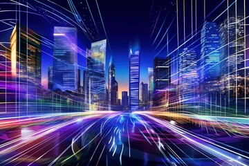 Fototapeta na wymiar Velocity Horizon: Speed Light Trails Navigate the Skyline of a Futuristic Smart City