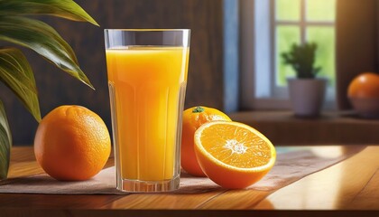 Photograph of a glass of orange juice, oranges, vitamins
