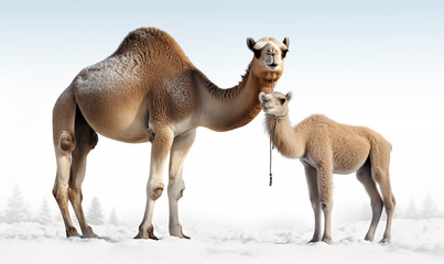 Camel and its mother in the snow - 3D render.