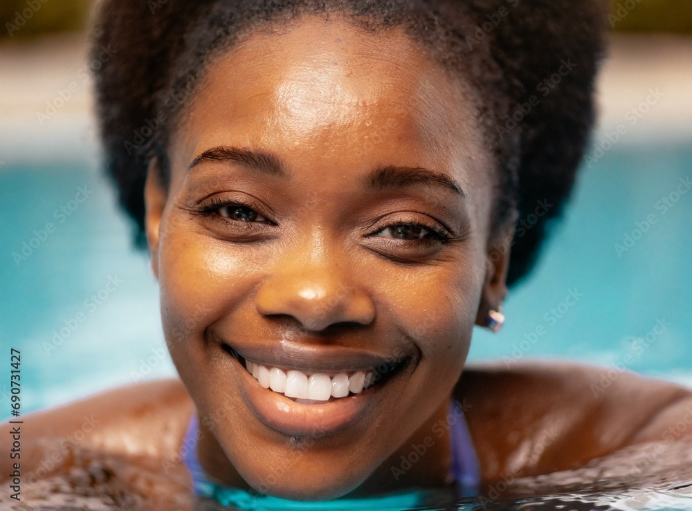 Canvas Prints Black woman face closeup portrait, smiling face. Enjoy swimming pool on resort hotel.