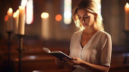Young Girl Worshiping and Reading the Holy Bible by Candlelight