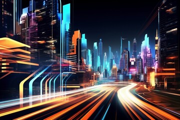 Fototapeta na wymiar Neon Trails in Motion: Smart Mega City Skyline Illuminated by High-Speed Light Paths