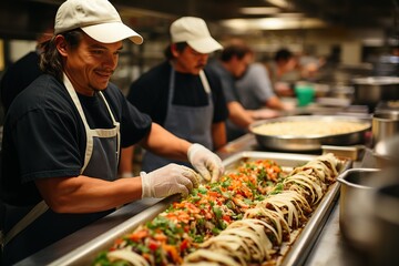 Cheerful kitchen staff efficiently prepare a large batch of burritos in a commercial kitchen