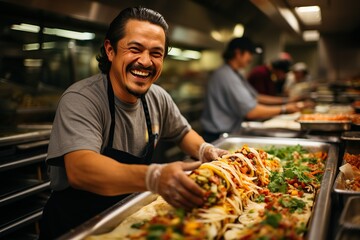 A kitchen crew shares a laugh while adding toppings to burritos in a bustling restaurant - obrazy, fototapety, plakaty