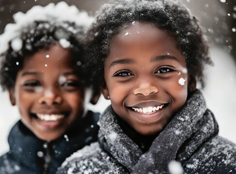 Playful children enjoy winter holiday snowfall. Smiling faces closeup, happiness concept.