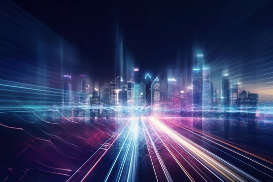 City Pulse: Speed Light Trails Enliven the Urban Landscape with Neon Futuristic Flair