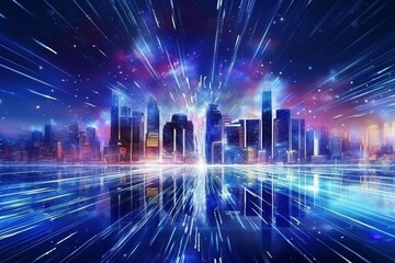 Luminous Urban Trails: High-Speed Light Weaving Through the Skyscrapers of a Smart Mega City