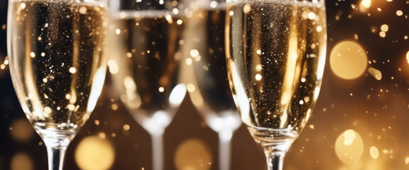 Champagne glasses with gold bubbles and bokeh in the background.