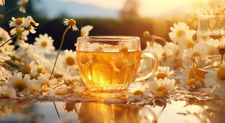 a cup of chamomile tea with flowers on the table - Powered by Adobe