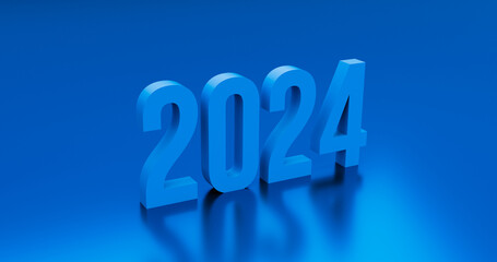 The blue numbers 2024 are on the plane with a reflection. 3d rendering