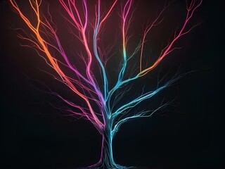 transparent tree, glowing lines, black background, for design, isolated