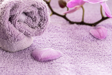 Close up of blooming orchid flower, petals on soft violet towel. Spa concept, copy space for visual content