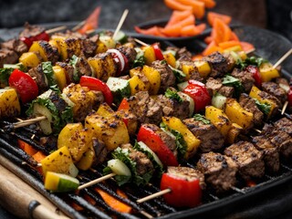 A Close up of a Skewer of Food on a Grill