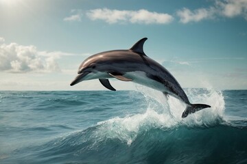 Fototapeta premium A Playful Dolphin Leaping Above the Waves