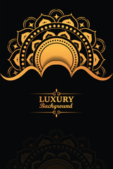 A gold and black background with a gold mandala design that says luxury background