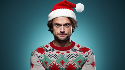 Adorable man with santa hat and ugly christmas sweater