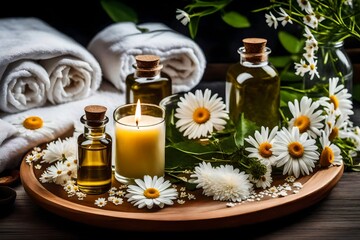 Fototapeta na wymiar **spa decoration with candle, daisies, white flowers and a bottle with oil, beauty wellness centre. spa product are placed in luxury spa resort room