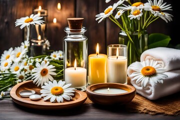 Obraz na płótnie Canvas **spa decoration with candle, daisies, white flowers and a bottle with oil, beauty wellness centre. spa product are placed in luxury spa resort room