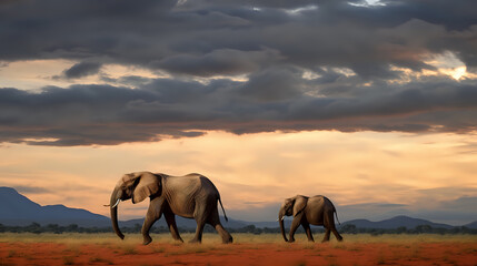 Fototapeta na wymiar herd of elephants on sunset background. Generative AI