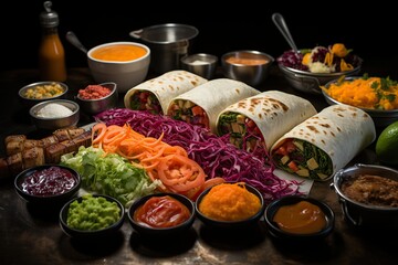An inviting display of Mexican cuisine with an array of vibrant, fresh ingredients and rolled burritos ready to be enjoyed - obrazy, fototapety, plakaty
