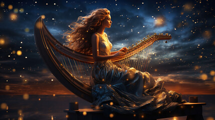 Girl playing harp on a floating platform among constellations. Her dress is decorated with celestial patterns.	 - obrazy, fototapety, plakaty