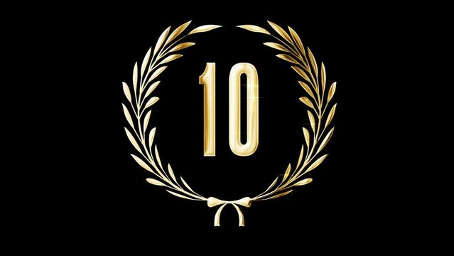 Golden laurel wreath and number 10, award, alpha channel