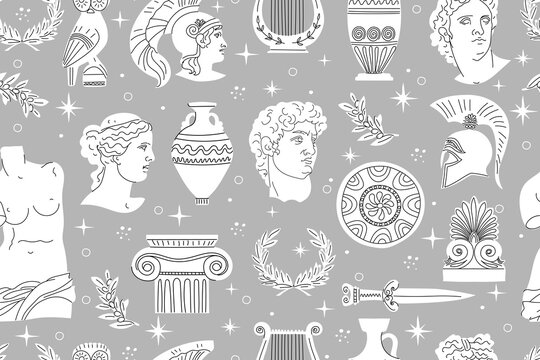 Seamless pattern with ancient Greek sculptures, architectural details, amphora, weapons, laurel wreath and more. Antique minimalistic white elements on a gray background. Vector illustration.