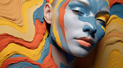 Magazine shot of a woman with face paint in body art style, airbrush, airbrush painting, airbrush painting, body art , pop art