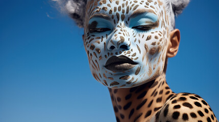 Magazine shot of woman with leopard face  in body art style, airbrush painting, airbrush, body art , pop art