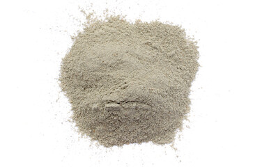 Gray cement powder isolated on white background, top view. Pile of gray cement powder on a white...