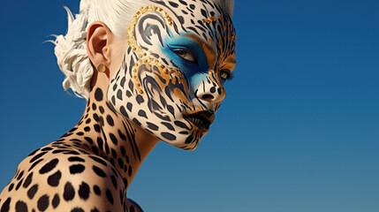 Magazine shot of woman with leopard face  in body art style, airbrush painting, airbrush, body art , pop art