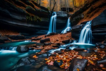 fall leaves cover terraced rocks in gorge with stunning blue water buckets and waterfalls 