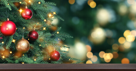 Fototapeta na wymiar Christmas tree decorated with red and golden balls near wooden table against blurred background. Banner design with space for text