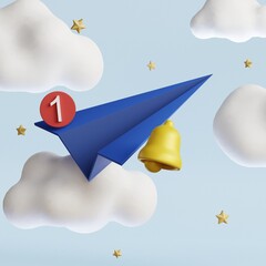 Paper plane with bell notification. Send message concept. 3d render illustration - obrazy, fototapety, plakaty