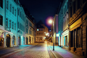 Fototapeta na wymiar Neon-lit city street at dusk with illuminated buildings and street lights.