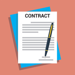 Contract papers. Document. Folder with text. Stack of agreements document with Contract icon agreement pen on desk flat business illustration vector'